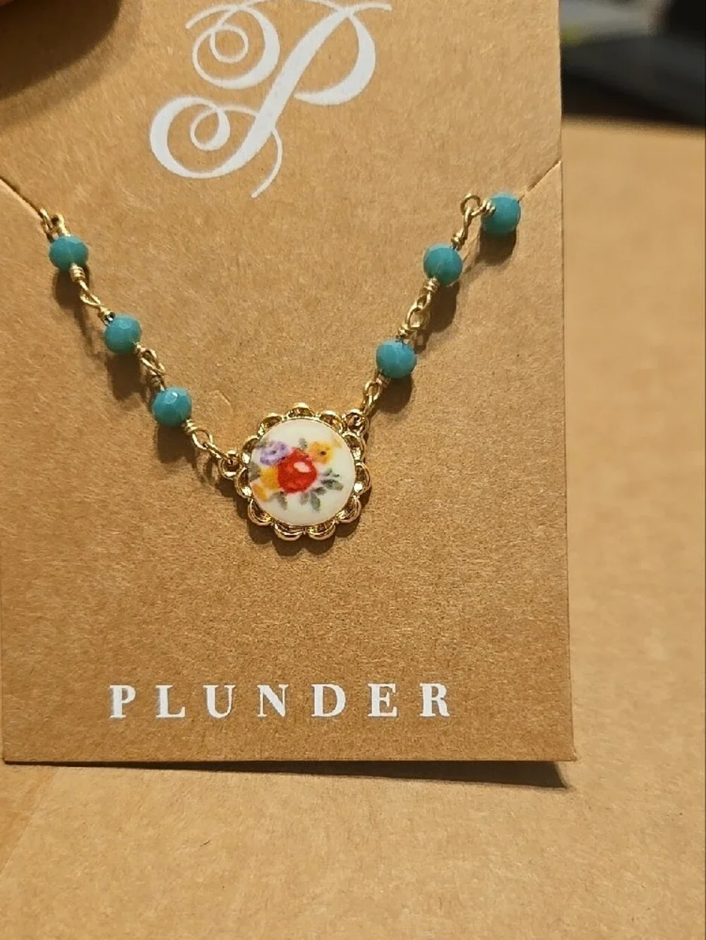 NWT vintage Inspired Plunder Gold-Tone Turquoise Beaded Floral Charm Necklace